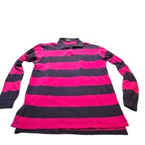 Polo Ralph Lauren Mens Navy Blue Pink Stripe Long Sleeve Shirt Size L E25